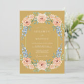 Invitation Mariage aquarelle florale bleu pêche doré (Debout devant)