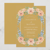 Invitation Mariage aquarelle florale bleu pêche doré (Devant / Derrière)