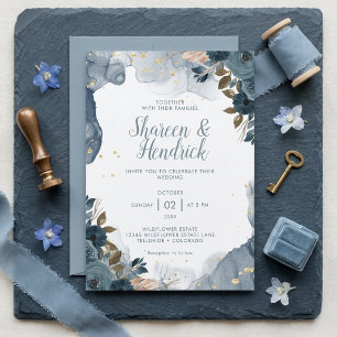 Invitation Mariage aquarelle florale bleu poussiéreux avec fe