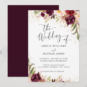 Invitation Mariage aquarelle florale Bourgogne poussière d'or