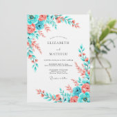 Invitation Mariage aquarelle florale corail sarcelle (Debout devant)