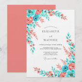 Invitation Mariage aquarelle florale corail sarcelle (Devant / Derrière)