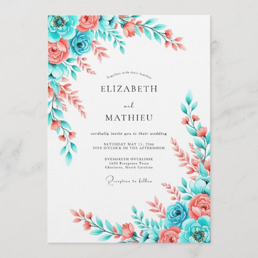 Invitation Mariage aquarelle florale corail sarcelle (Devant)