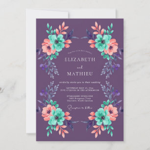 Invitation Mariage aquarelle florale corail sarcelle prune