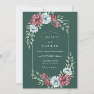 Invitation Mariage aquarelle florale cramoisie vert foncé