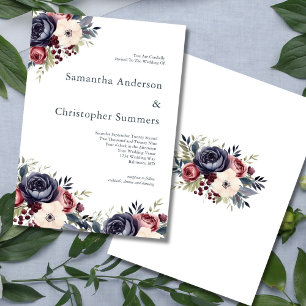 Invitation Mariage aquarelle florale crème et marine Bourgogn
