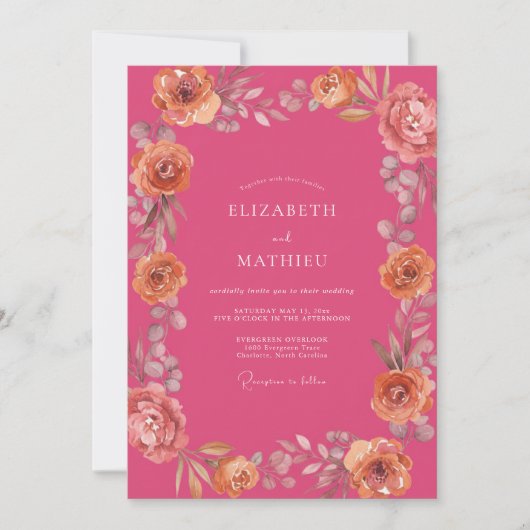 Invitation Mariage Aquarelle Florale Fuchsia Pêche (Devant)
