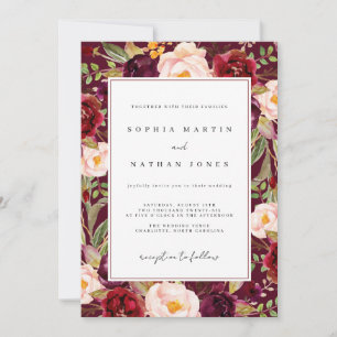 Invitation Mariage aquarelle florale luxuriante burgundy