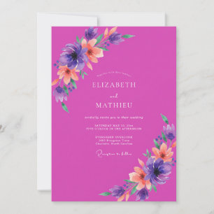 Invitation Mariage Aquarelle Florale Magenta Violet