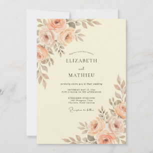 Invitation Mariage aquarelle florale pêche champagne
