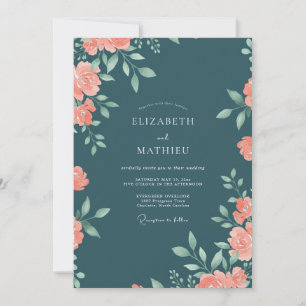 Invitation Mariage aquarelle florale pêche sarcelle foncée