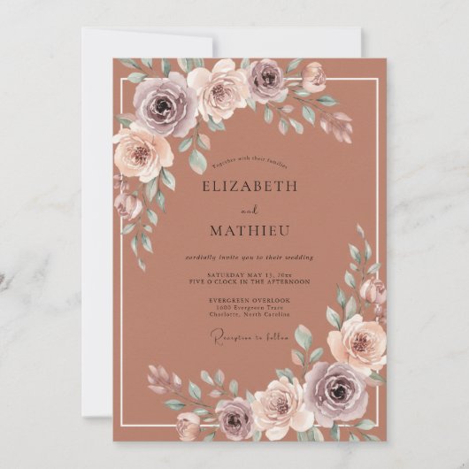 Invitation Mariage aquarelle florale rouille (Devant)