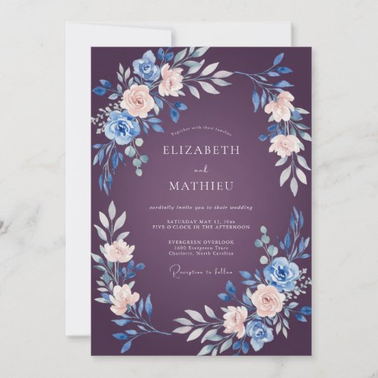 Invitation Mariage aquarelle florale Saphir prune (Devant)
