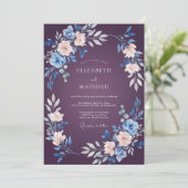 Invitation Mariage aquarelle florale Saphir prune (Debout devant)