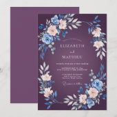 Invitation Mariage aquarelle florale Saphir prune (Devant / Derrière)
