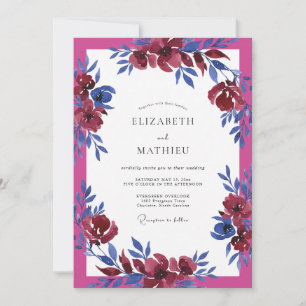 Invitation Mariage aquarelle fuchsia cobalt