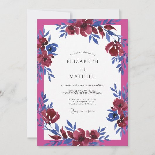 Invitation Mariage aquarelle fuchsia cobalt (Devant)