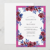 Invitation Mariage aquarelle fuchsia cobalt (Devant / Derrière)