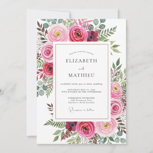 Invitation Mariage aquarelle fuchsia intense (Devant)
