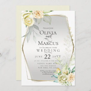 Invitation Mariage   Aquarelle Ivoire Jaune Blush Roses