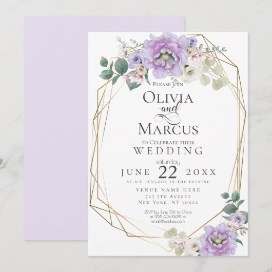 Invitation Mariage | Aquarelle lavande Florale géométrique (Devant / Derrière)