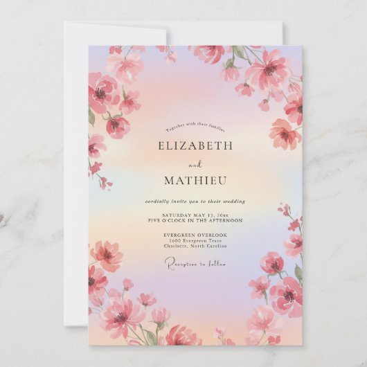 Invitation Mariage aquarelle lumineux rose (Devant)