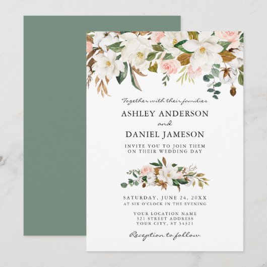 Invitation Mariage Aquarelle Magnolias Roses Sage Vert (Devant / Derrière)