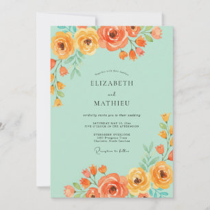 Invitation Mariage aquarelle menthe et tangerine