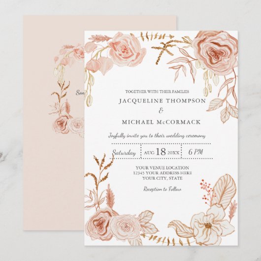 Invitation Mariage Aquarelle moderne Floral n Vert rose (Devant / Derrière)