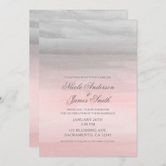 Invitation Mariage Aquarelle Moderne Rose et Gris Clair (Devant / Derrière)