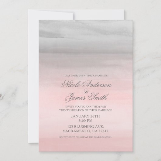 Invitation Mariage Aquarelle Moderne Rose & Gris Clair (Devant)