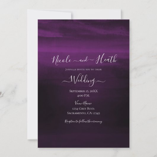 Invitation Mariage Aquarelle Moderne Violet Prune Mélancoliqu (Devant)