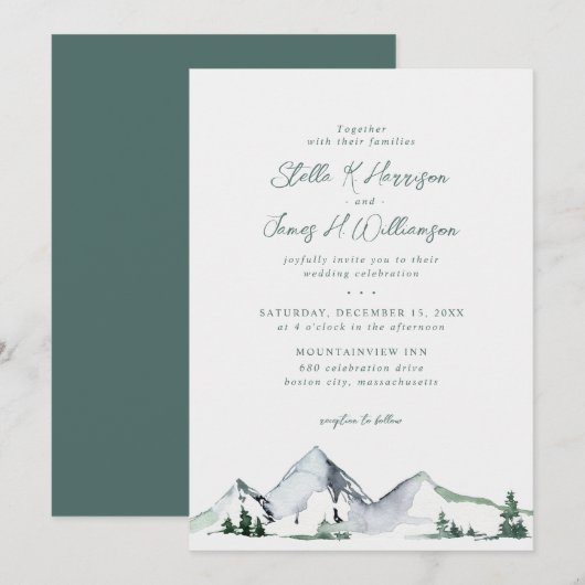 Invitation Mariage Aquarelle Montagnes Rustique (Devant / Derrière)