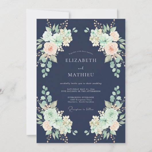 Invitation Mariage Aquarelle Navy et Pêche (Devant)
