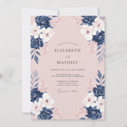 Invitation Mariage aquarelle Navy Rose Florale (Devant)
