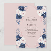Invitation Mariage aquarelle Navy Rose Florale (Devant / Derrière)