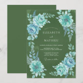 Invitation Mariage aquarelle olive turquoise (Devant / Derrière)