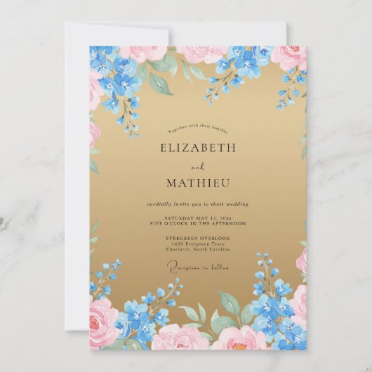 Invitation Mariage aquarelle or azur (Devant)