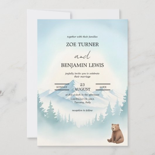 Invitation Mariage aquarelle ours montagne forêt hivernale (Devant)