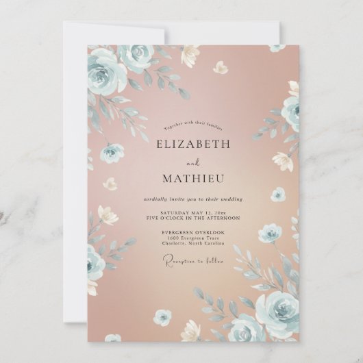 Invitation Mariage aquarelle pêche ardoise (Devant)