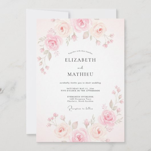 Invitation Mariage aquarelle pêche rose (Devant)