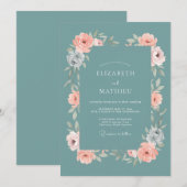 Invitation Mariage aquarelle pêche sarcelle atténuée (Devant / Derrière)