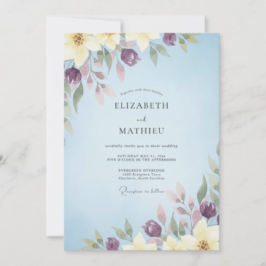 Invitation Mariage aquarelle prune azur (Devant)