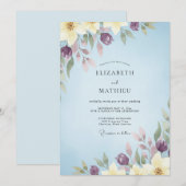 Invitation Mariage aquarelle prune azur (Devant / Derrière)