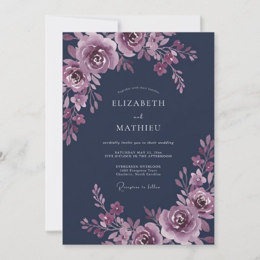 Invitation Mariage aquarelle prune de minuit (Devant)