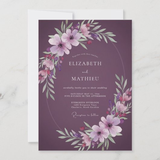 Invitation Mariage aquarelle prune de prairie (Devant)