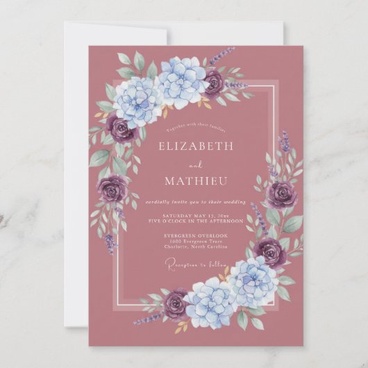 Invitation Mariage aquarelle prune et pervenche (Devant)