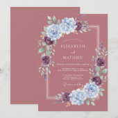 Invitation Mariage aquarelle prune et pervenche (Devant / Derrière)