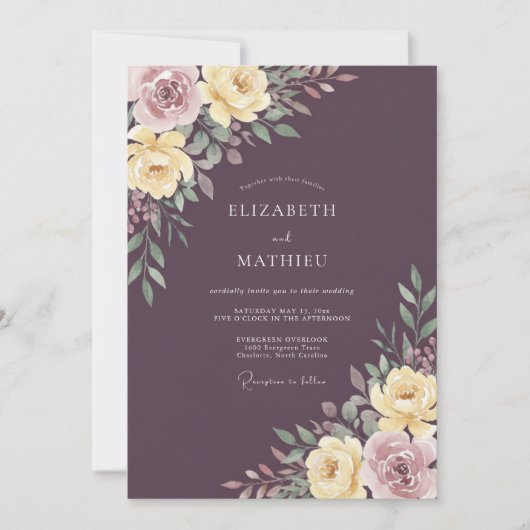 Invitation Mariage aquarelle prune mauve (Devant)