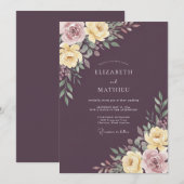 Invitation Mariage aquarelle prune mauve (Devant / Derrière)
